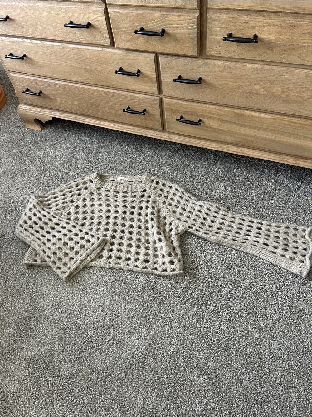 Open-Knit Cropped Crewneck Sweater in Light Taupe
